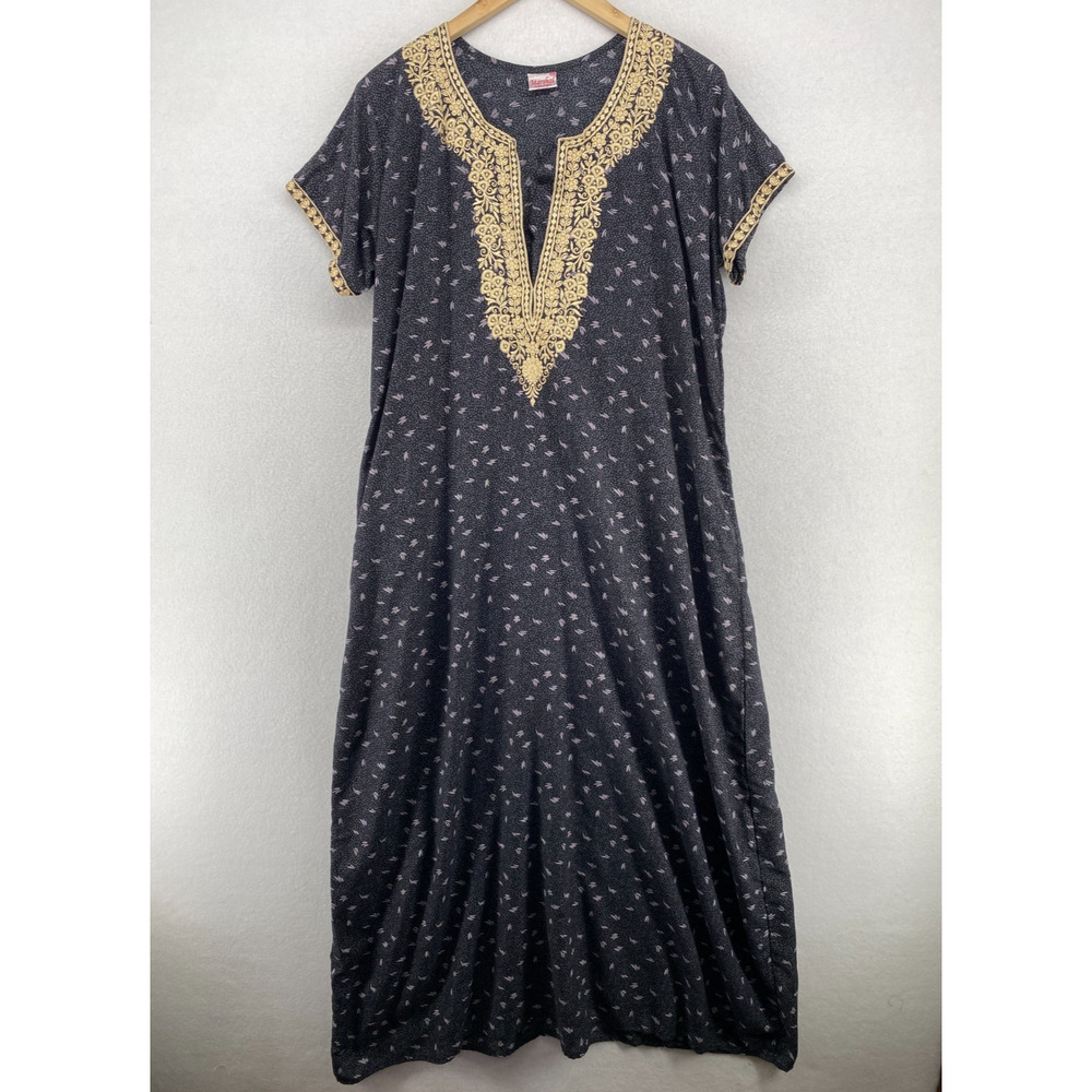 MARSHAL Nighties Nightgown XL Maxi Embroidered Split Neck Lounge Black